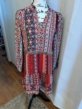 LOFT Red and Cream Boho Long Sleeve Dress